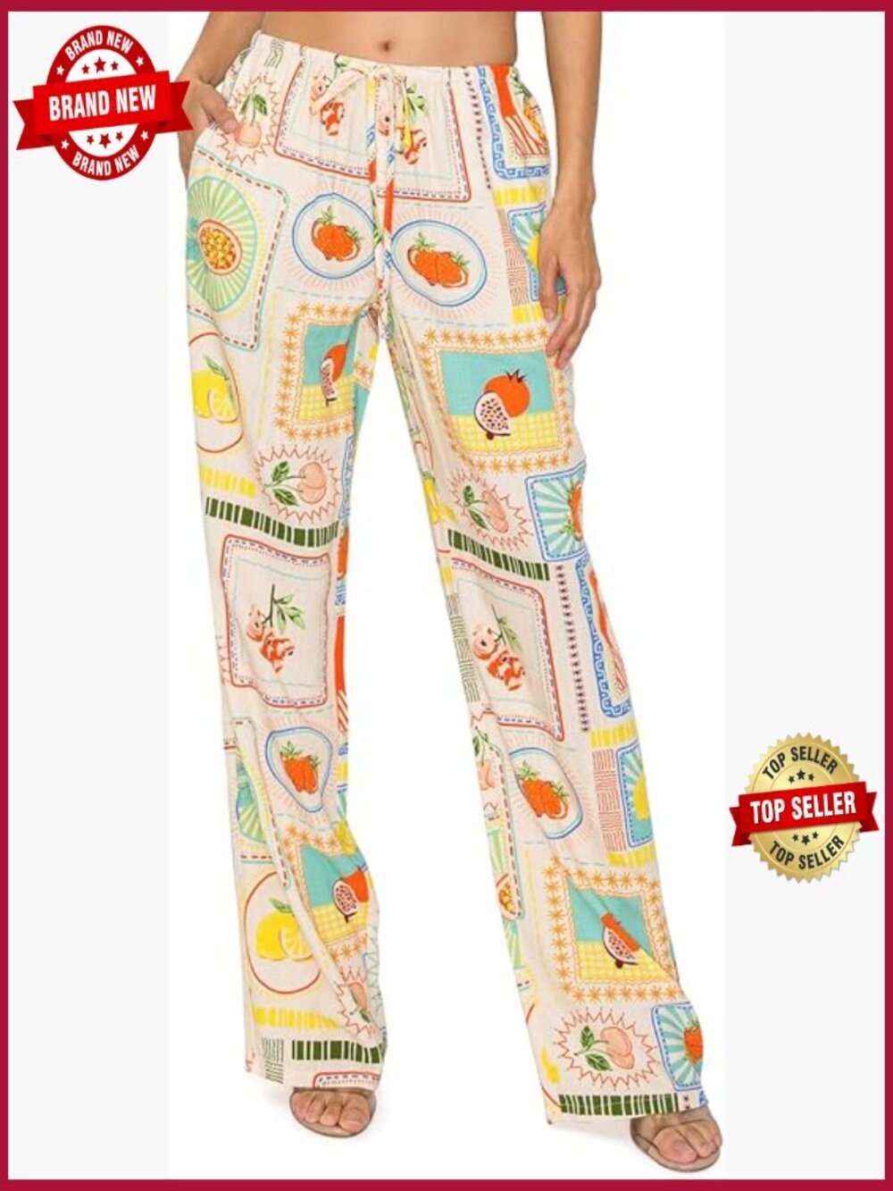 Printed Linen Blend Pull On Wide Leg Trousers with Pockets